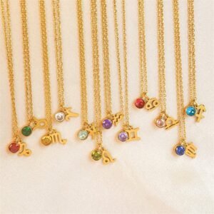 12 Twelve Constellations Necklace Titanium Steel Gold-plated Non-fading Clavicle Chain Colored Gem Pendant